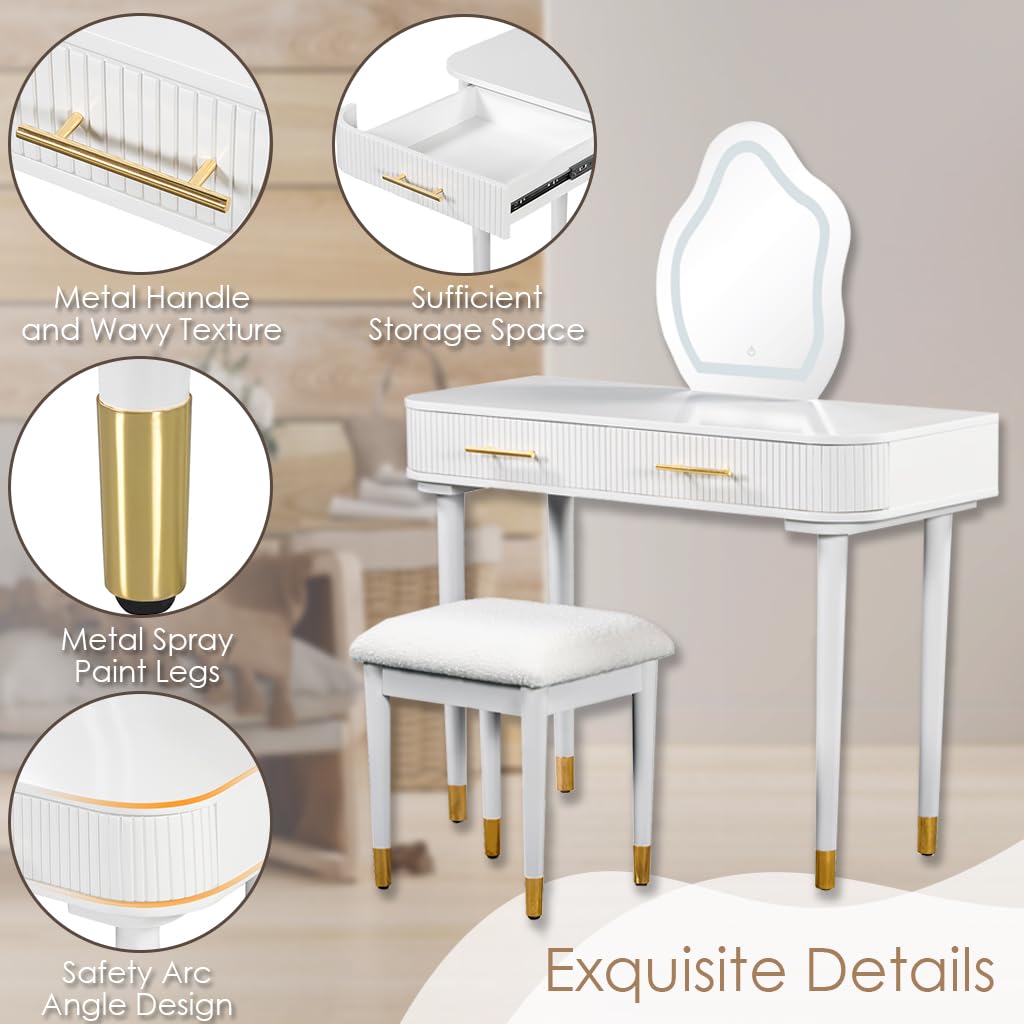 Goldshire 40" Modern Vanity Table Set with Mirror and Lights, Dressing Table and Cushioned Stool Set with 2 Large Drawers, Modern Makeup Table for Bedroom,Makeup Room