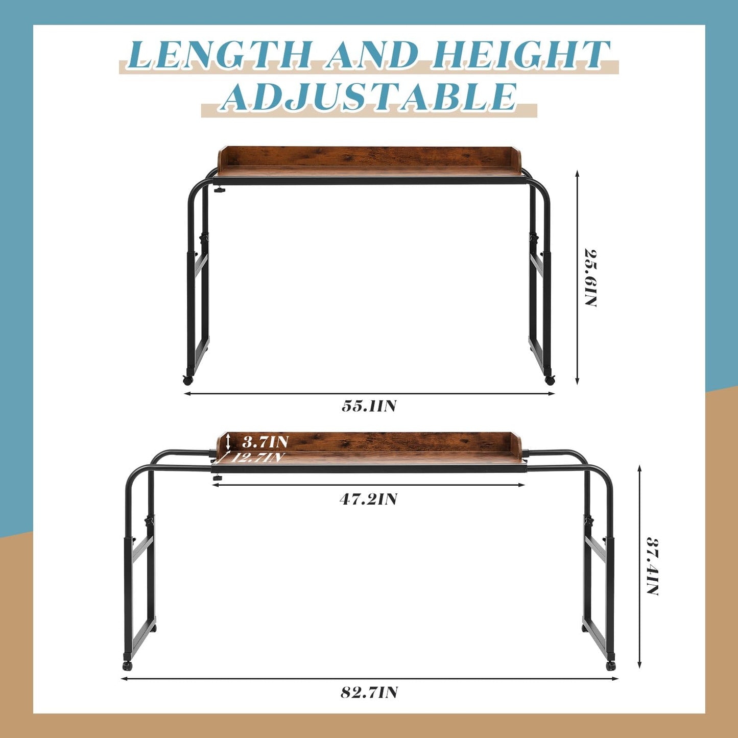 Leinuosen Overbed Table with Wheels Bed Desk Laptop Recliner Table Adjustable Height 55.1-82.7x25.6 x18.1 inches Overbed Laptop Desk for Hospital and Home use