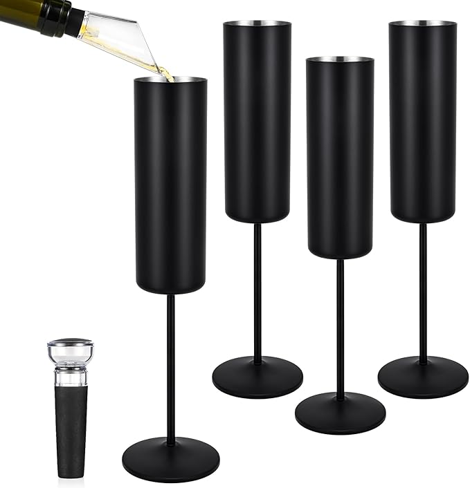Qtencas 4 Pack Stainless Steel Champagne Glasses, Insulated Champagne Flutes Set of 4, 6oz Stemmed Unbreakable Champagne G...
