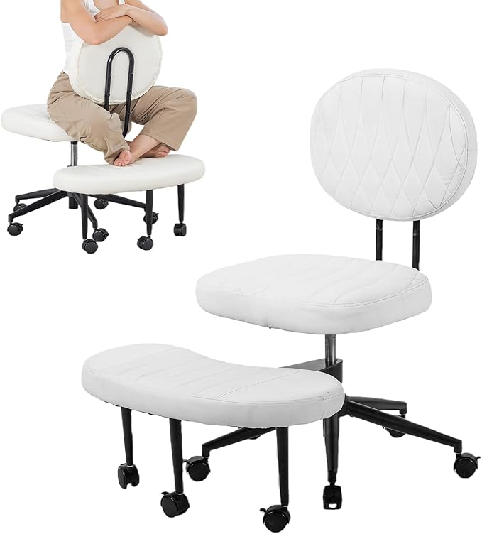 Ergonomic Cross Legged Office Chair with Wheels, Wide Seat and Backrest for Meditation, ADHD Cross Legged Office Chair with Adjustable Height, 360°Rotating Footrest for Yoga Home Office
