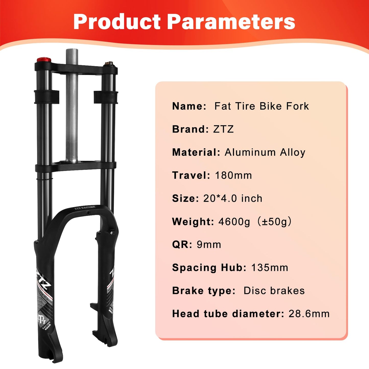 ZTZ 20 * 4.0 inch Fat Tire Oil Spring Suspension Fork - 180mm Travel, 135mm Spacing Hub, 9mm QR, Double Crown Shock Front Fork, Fit for Fat Snow Beach Ebikes