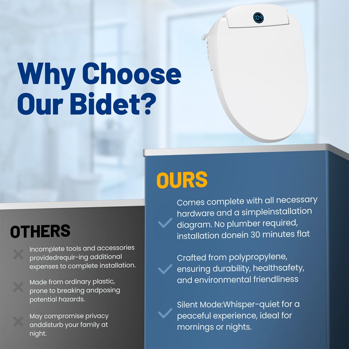 GAICOM Bidet Toilet Seat Elongated, Electric Smart Heated Toilet Seat with Instant Warm Water & Dryer, Multiple Cleaning Modes, Remote Control, Self-Clean Nozzle, Soft Closed, Night Light