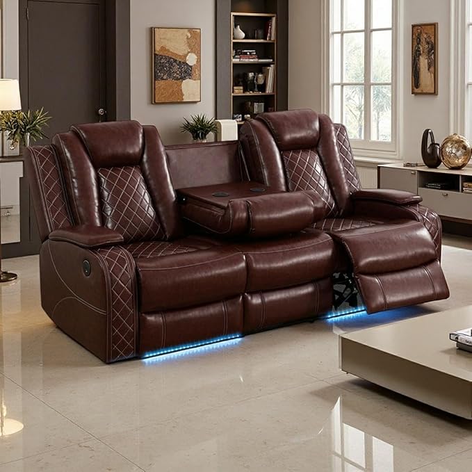 Toseslo Power Leather Recliner Sofa Set with LED Light, Brown Leather Sectional Sofa Set, Living Room Furniture Sets, Modern Power Reclining Sets with Storage Console for Living Room