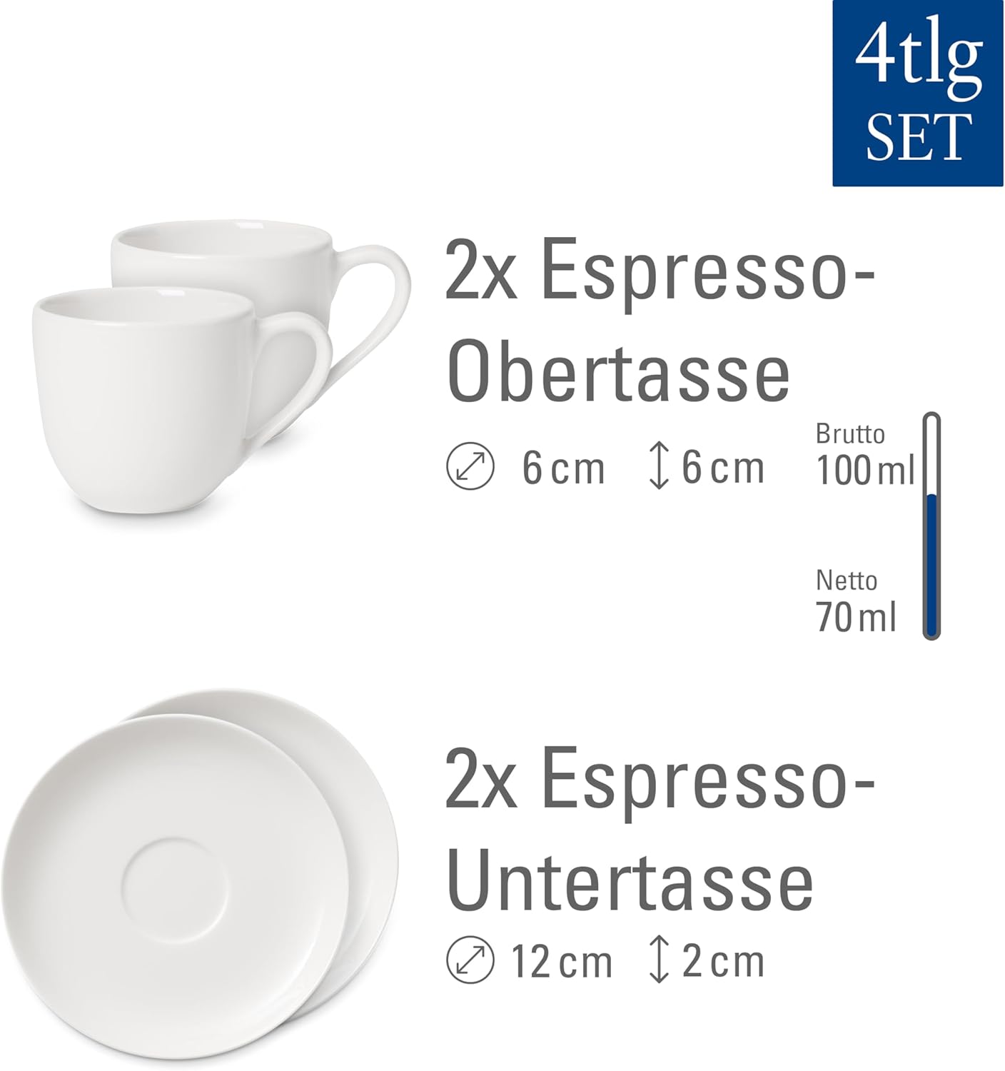 Villeroy & Boch For Me Espresso Cup & Saucer : Set of 2, Premium Porcelain, White