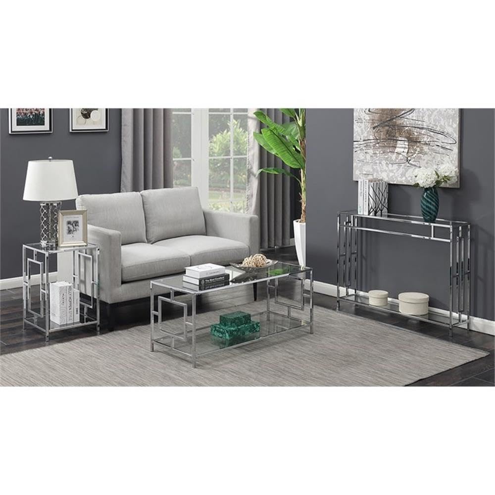 Convenience Concepts Town Square Chrome Console Table 42" - Contemporary Modern Sofa Table with Storage Shelf, Narrow Entryway Hall Table for Living Room, Bedroom, Bathroom, Glass/Chrome