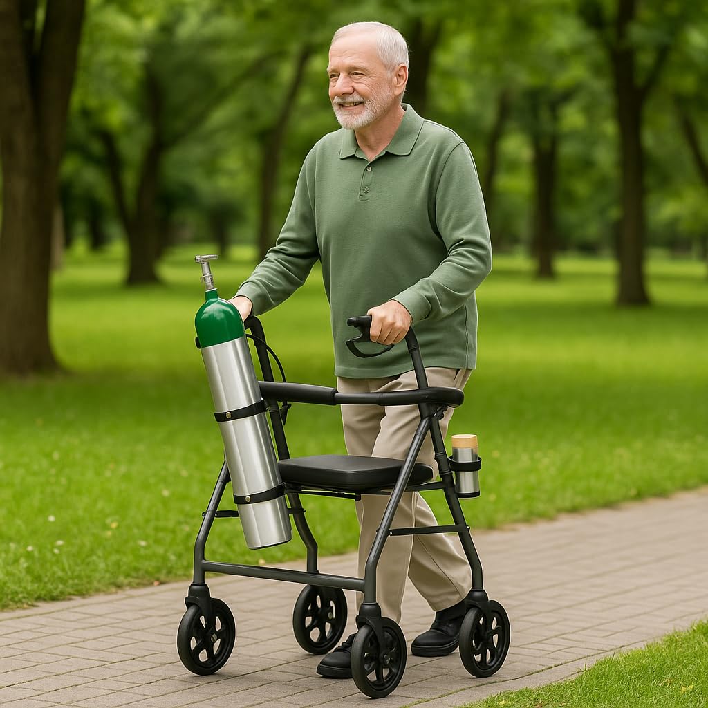 Oxygen Tank Holder for Walker, Rollator & Wheelchair – Fits D & E Size Cylinders – Steel Bracket with Secure Straps – with Cup Holder – Easy Install for 1" or 1 1/8" (25–28.6 mm) Tubes