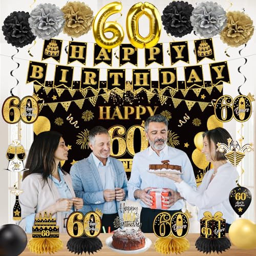 Eucutur 42PCS 60th Birthday Decoration Kit for Men Women, Black Gold Happy 60th Bday Banner Balloons Honeycomb Centerpiece...