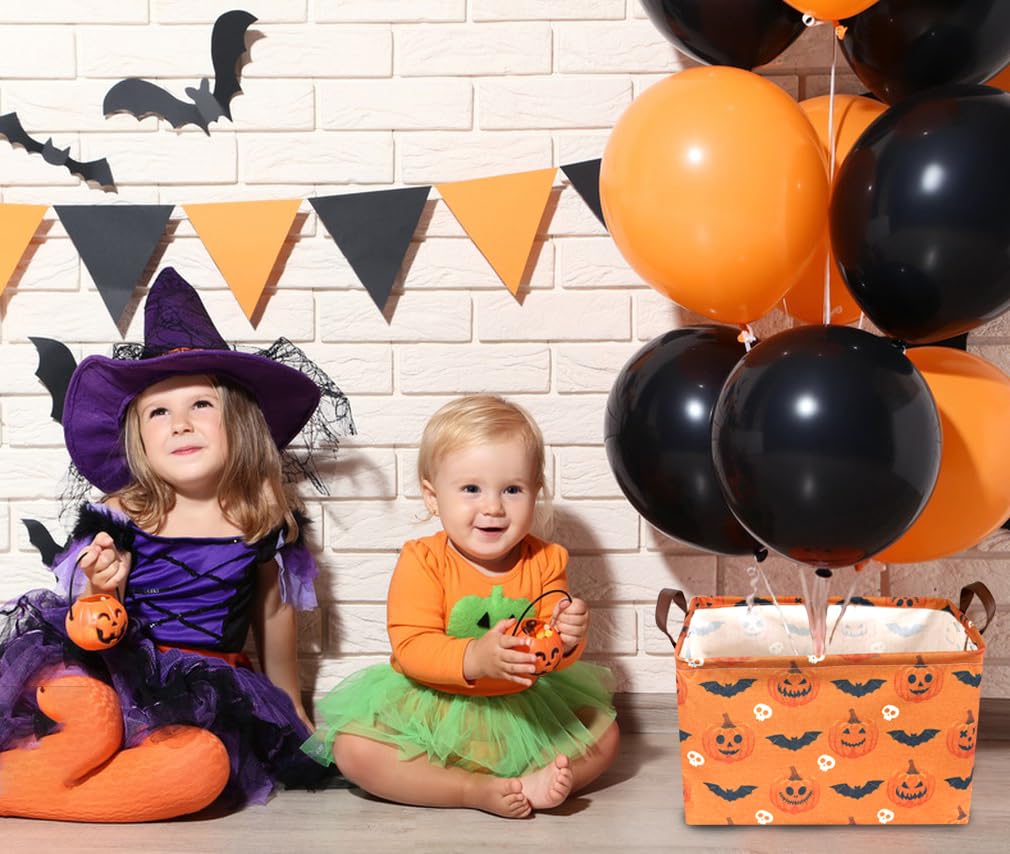 Sanjiaofen Rectangular Halloween Baskets,Pumpkin Basket for Kids with Handles. Candy Basket,Books Bins. (Halloween Pumpkin)
