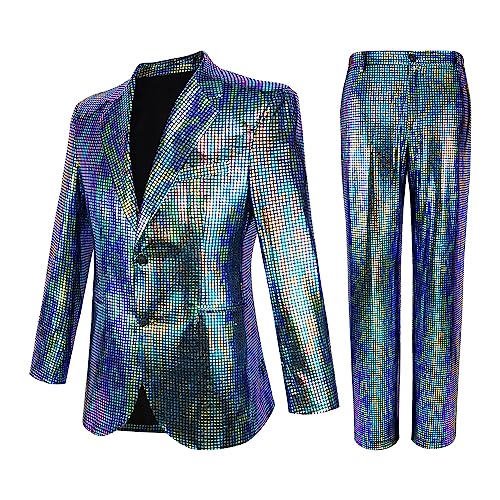 Nawgut Sequin Blazer Metallic Slim Suit 2 Piece Set Disco Prom Shiny Outfit Wedding Party Banquet Fashion Jacket Pant