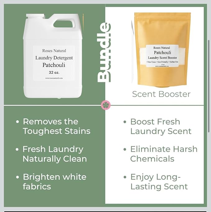 Patchouli Laundry Detergent and Scent Booster Bundle, 32 oz Detergent, 16 oz Booster, Natural Laundry Set, Eco-friendly, Patchouli Essential Oil Scented, Made in the USA