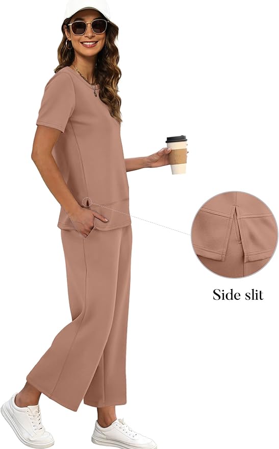 XIEERDUO Women's Side Slit Lounge Sets 2026 Fashion 2 Piece Travel Outfits Cozy Loungewear Wide Leg Tracksuits S-3XL