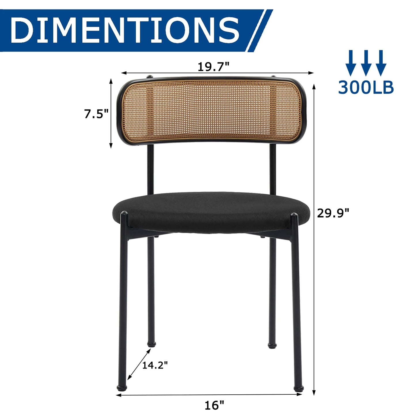 Rattan Dining Chairs Set of 4, Mid-Century Modern Chair with Boucle, Kitchen Dining Room Chairs for Living Room with Metal Legs, Round Upholstered Sherpa Chair with Rattan Backrest for Home, Black