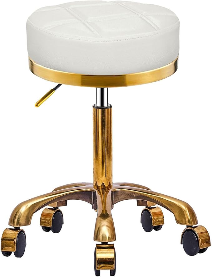 Gold Rolling Vanity Stool with Wheels, Padded Seat, Adjustable Round Rolling Chair, Office Work Stool, Pedicure Salon Spa Massage Esthetician Chair For Hair Salons, Spas, Tattoo (white, Without Back)