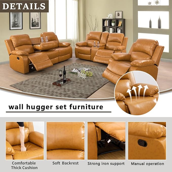 A Ainehome 3 Pieces Living Room Furniture Sets, Manual Leather Recliner Sofa Set with Storage, Reclining Couch Loveseat Chair Furniture Sofa Set for Living Room/Rv/House/Office