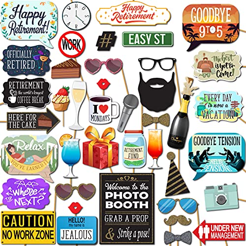 Retirement Photo Booth Props - 41-pc Photobooth Kit with 8 x 10-Inch Sign, 60 Adhesive Pads, 45 Sticks - Retirement Party ...