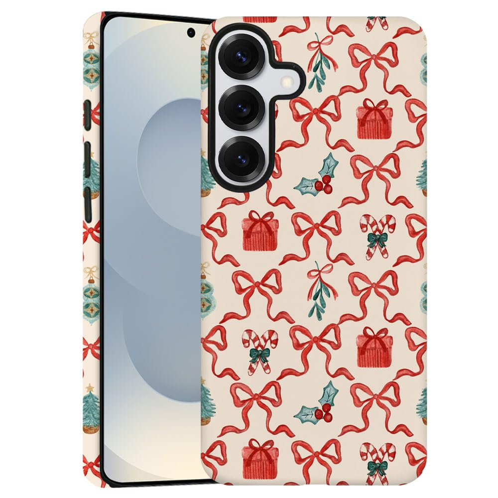 TnXee Case for Samsung Galaxy S25,Red Green Christmas Tree Scroll Bow Phone Case Drop Resistant Frosted 2 in 1 Solid Dual-Layer