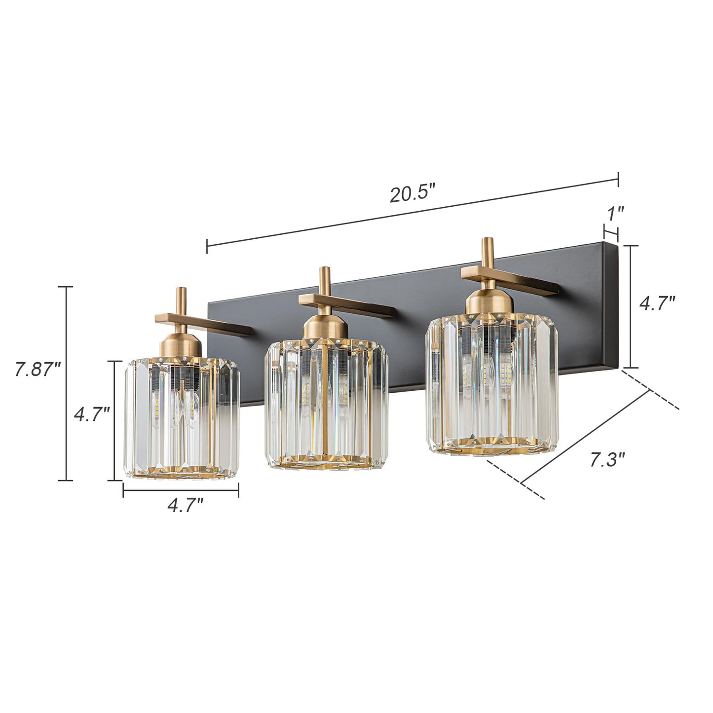 HUOKU Modern Crystal Bathroom Vanity Lights, Black Gold 3-Lights Bathroom Light Fixtures Over Mirror, Crystal Wall Lighting with Polished Gold Finish(Exclude Bulb)