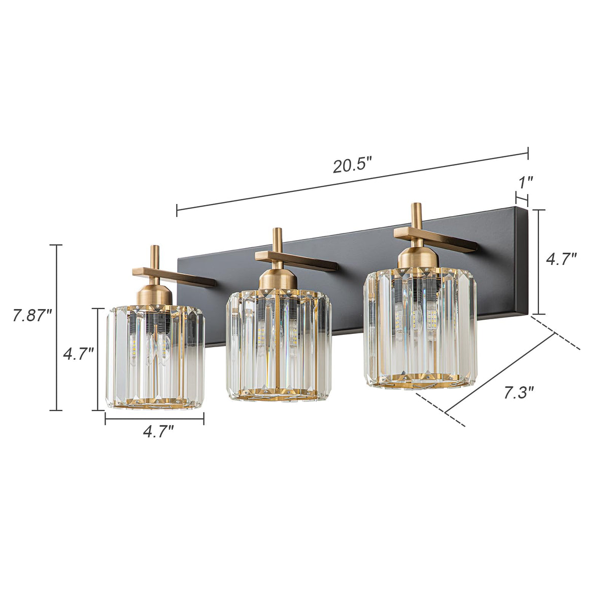 HUOKU Modern Crystal Bathroom Vanity Lights, Black Gold 3-Lights Bathroom Light Fixtures Over Mirror, Crystal Wall Lighting with Polished Gold Finish(Exclude Bulb)
