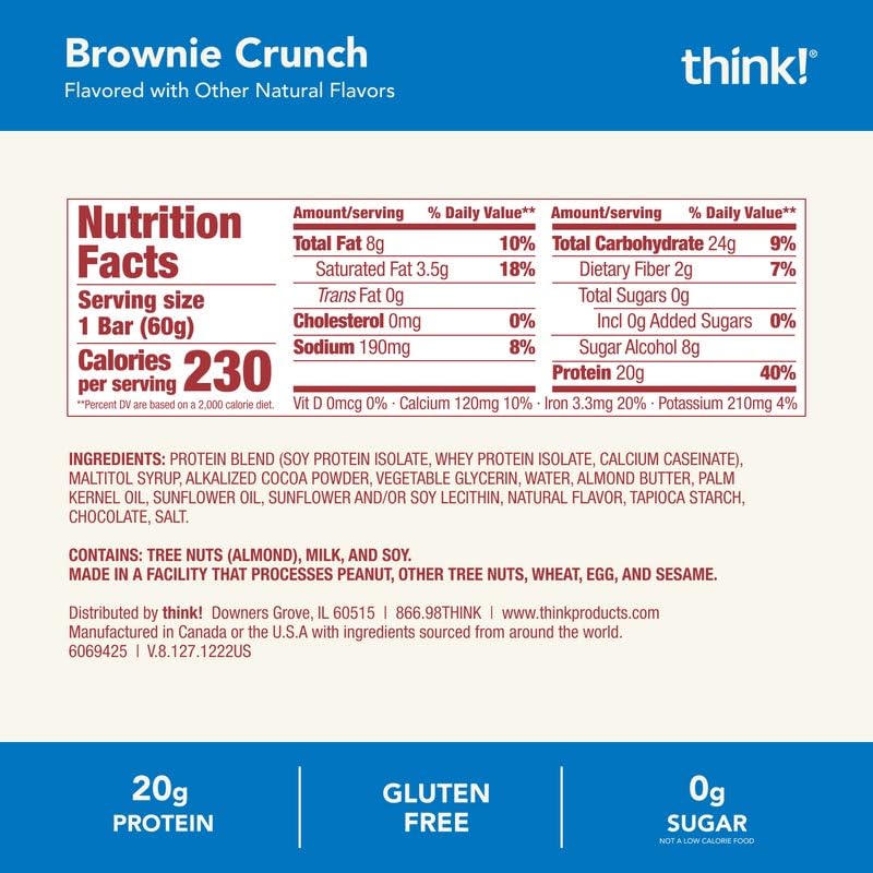 think! Protein Bars, High Protein Snacks, Gluten Free, Sugar Free Energy Bar with Whey Protein Isolate, Brownie Crunch, Nu...