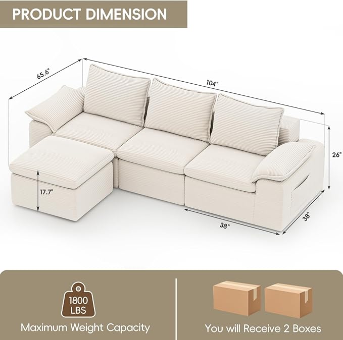 Buytime 104" Comfy Cloud Couch, Convertible Boneless Couches for Living Room, L Shaped Modular Sectional Sofa with Deep Seat, Double-Layer Cloud Cushion and Headrest, Cream Beige