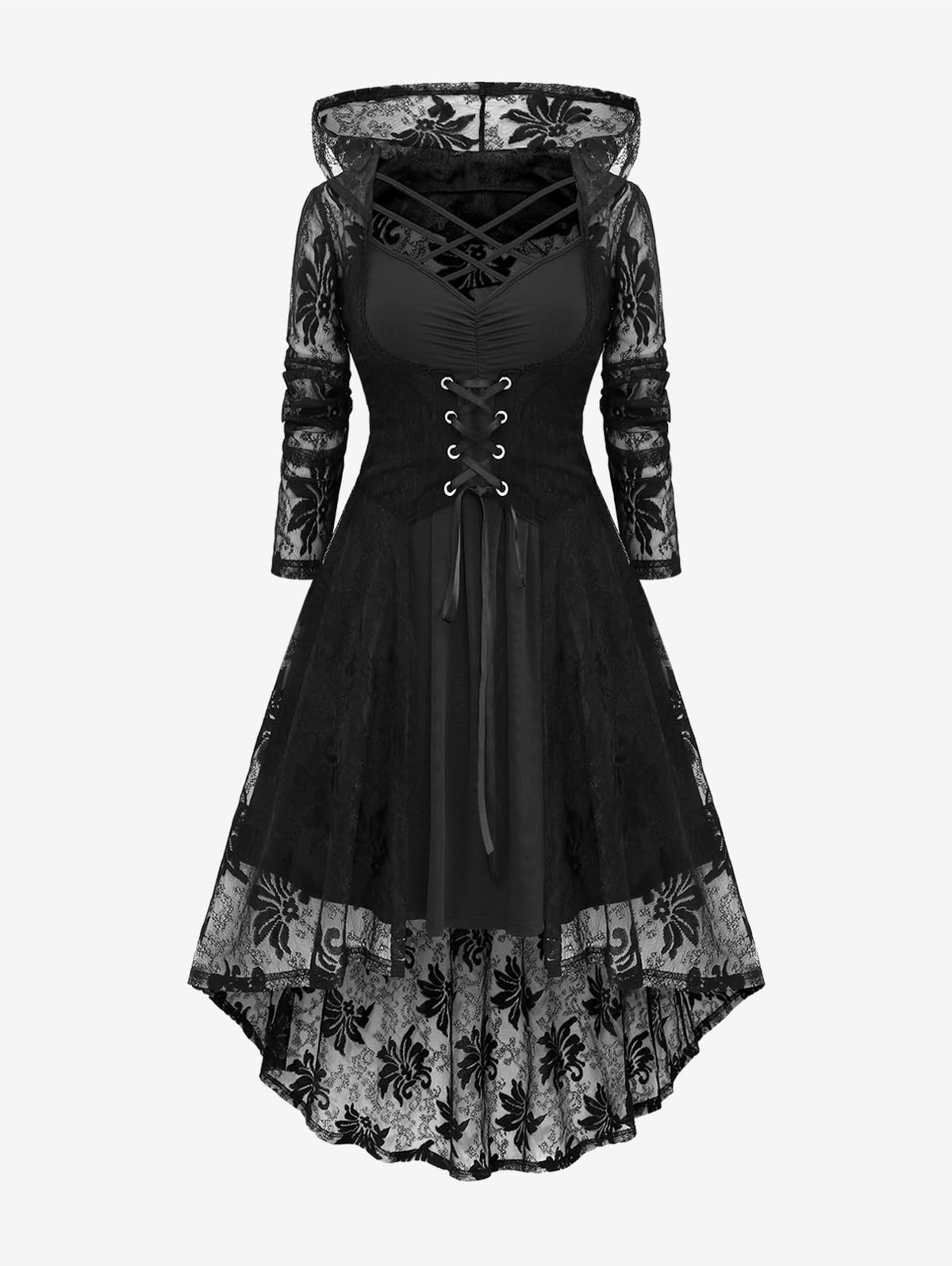 Rosegal Womens Plus Size 2pcs Witch Halloween Costume Gothic Lace Hooded Lace-up High Low Hem Long Top and Crisscross Strappy Cami Dress(Black/L)