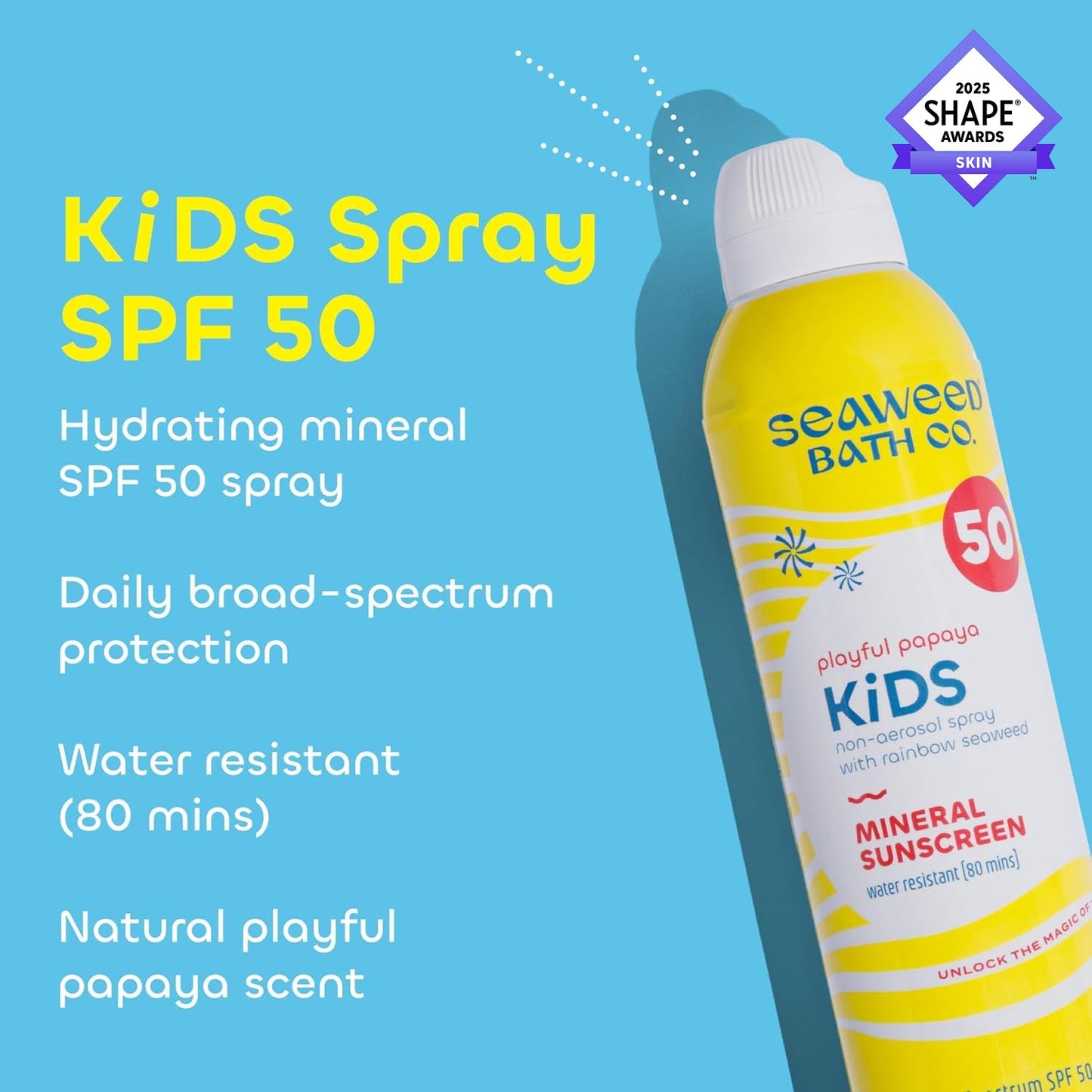 Seaweed Bath Co. Kid's Mineral SPF 50 Broad Spectrum Sunscreen Spray, 6 Ounce (Pack of 2), Papaya Scented, Water Resistant, Tear
