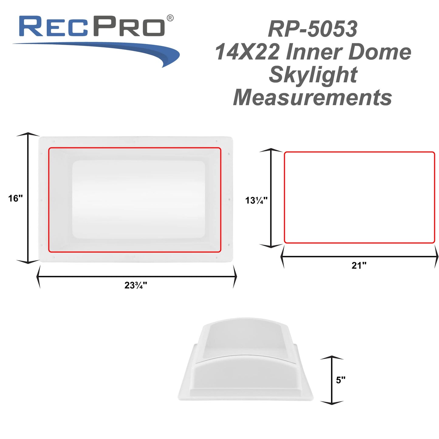 RecPro RV Skylight Inner Dome with Clear Window | 14" x 22" Universal Inner Skylight