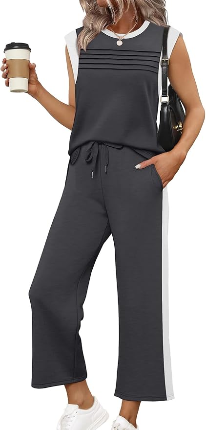 WIHOLL 2 Piece Sets for Women Summer Lounge Sets Travel Vacation Outfits Cap Sleeve Sweatsuit Side Slit Wide Leg Pants S-3XL
