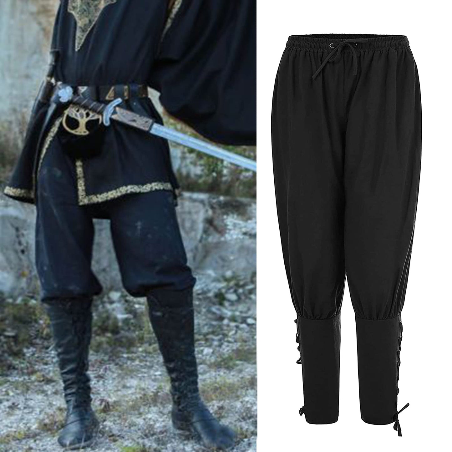 Men's Ankle Banded Pants Medieval Viking Navigator Pirate Costume Trousers Renaissance Gothic Pants, Black, XX-Large