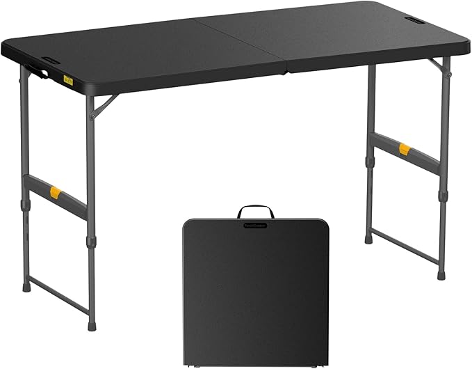 FanttikOutdoor 4ft Portable Folding Table, One-Handed Height Adjustment, 4 Heights, Gravity Lock, Carry Handle, Indoor Out...