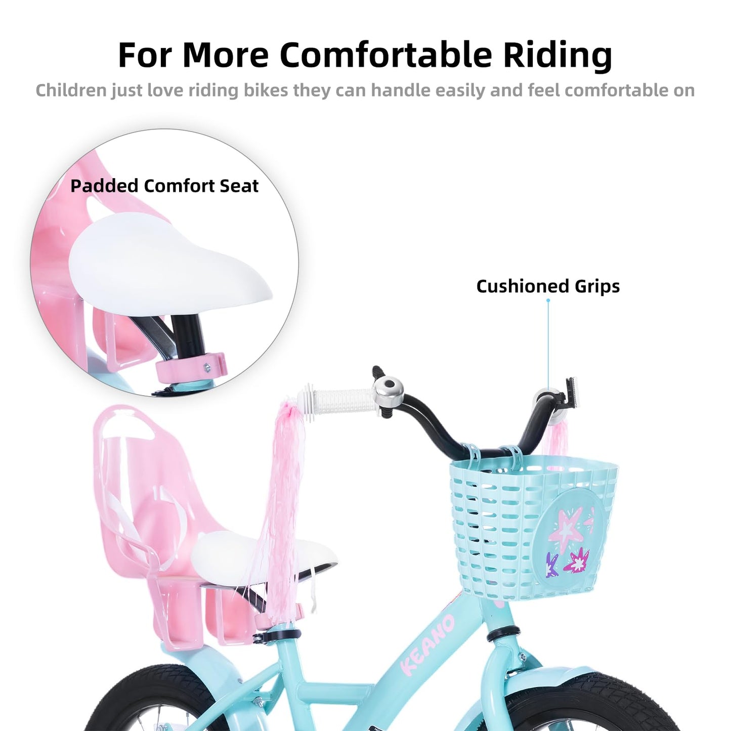 KEANO Zinnia 14 Inch Kids Bike for Girls Ages 3-5 Years, 14 Inch Girls' Bikes with Training Wheels, Streamers, Basket and Doll Seat, Children Bicycles Green