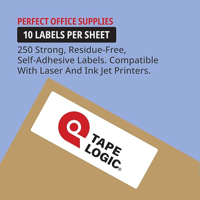 TAPE LOGIC Printable Self-Adhesive 2" x 4” White Laser Labels (25 Sheets of 10) | 250 All Purpose Blank Sticker Label, Office & Personal Supplies for Address Shipping & Mailing