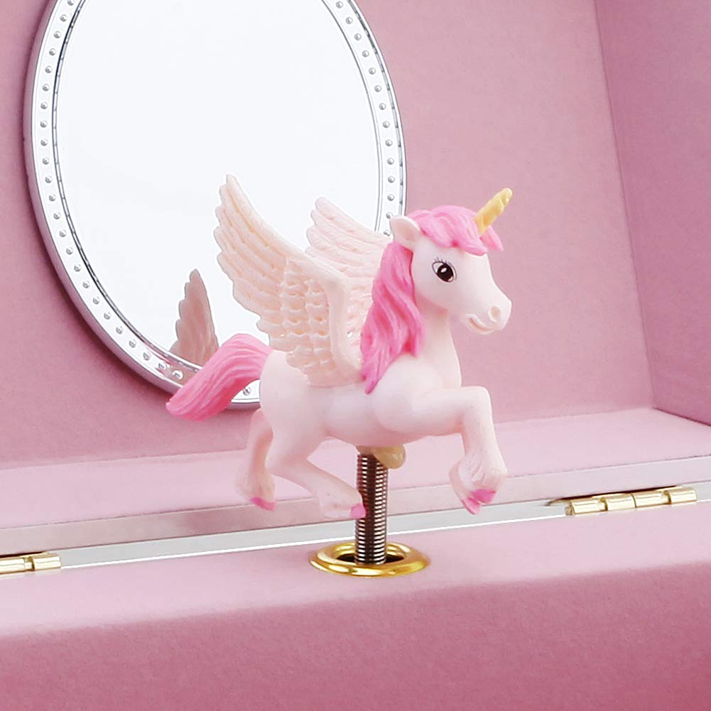RR ROUND RICH DESIGN Musical Jewelry Glitter Storage Box and Jewelry Set for Little Girls with Spinning Unicorn and Rainbow - Over the Waves Tune Pink