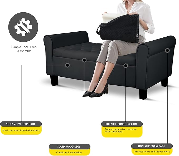Babion Storage Bench for Bedroom End of Bed, Button Tufted Storage Ottoman Bench 51 Inch, End of Bed Storage Bench with Upholstered, Rolled Arm Window Bench Seat with Solid Wood Legs, Black