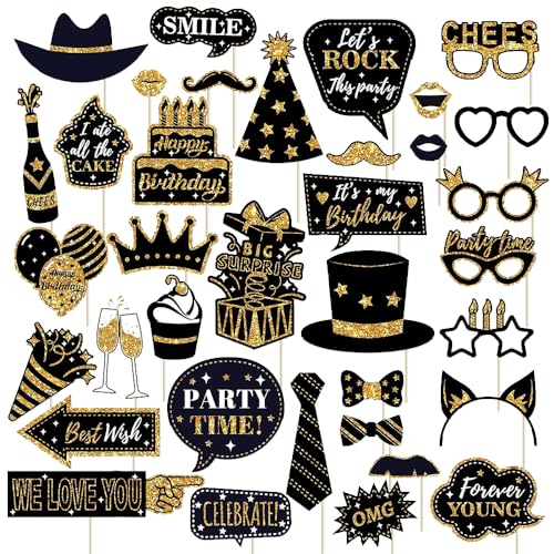 Photo Booth Props for Birthday Party,36 Pieces Black Golden Happy Birthday Selfie Props for Bday Weddings Prom Disco Mardi...