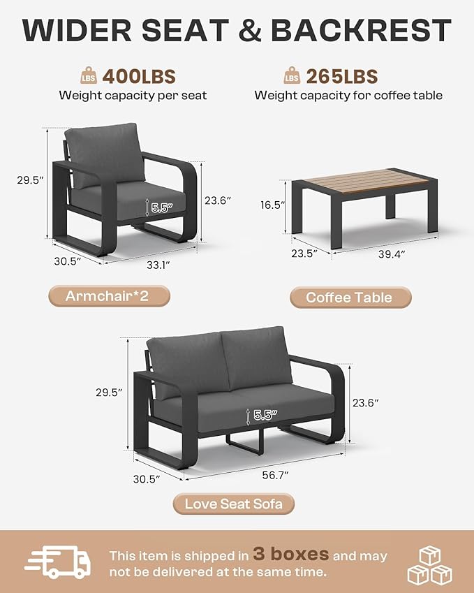 Aluminum Outdoor Patio Couch Loveseat, Oversized Patio Sofa with Widened Armrest & Ultra-Thick Cushions, Deep Seating Modern Patio Furniture for Backyard, Deck, Graphite