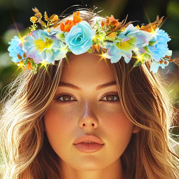 DRESBE Light Up Floral Headband LED Flower Wreath Crown Headbands Glowing Festival Garland Hair Accessories for Women (Blue)