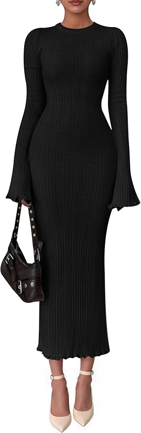 PRETTYGARDEN Sweater Dresses for Women 2026 Fall Bell Long Sleeve Crew Neck Bodycon Maxi Dress Winter Ribbed Knit Outfits