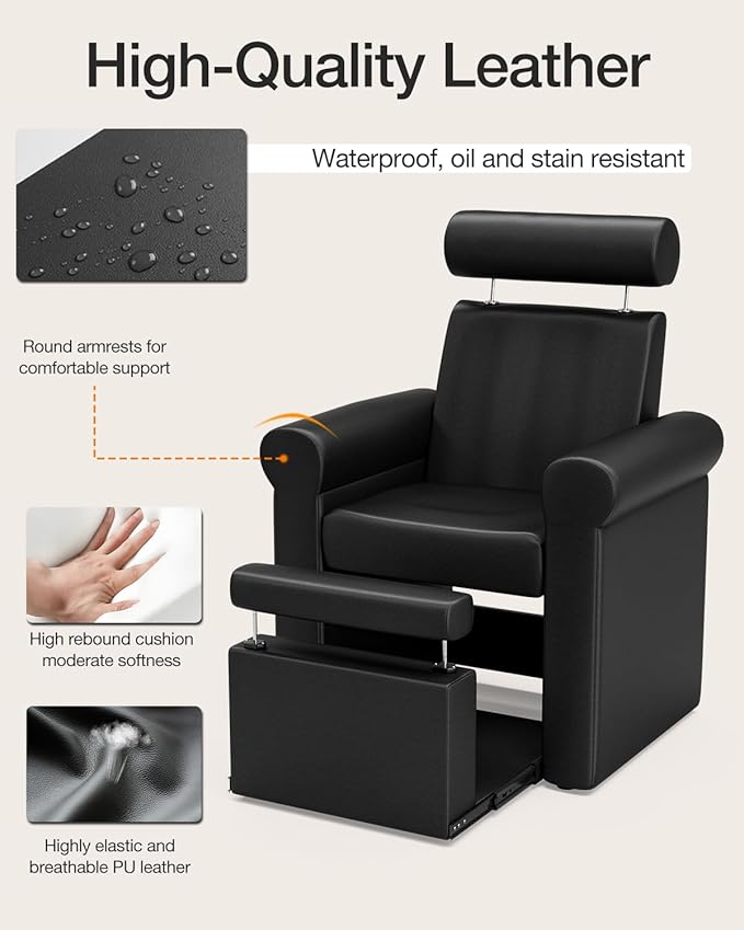 Icoget Professional Pedicure Chair No Plumbing, Reclining Pedicure Station Pipeless with Retractable Base and Adjustable Legrest Used in Salons, Home, Waterproof Foot Spa Chairs