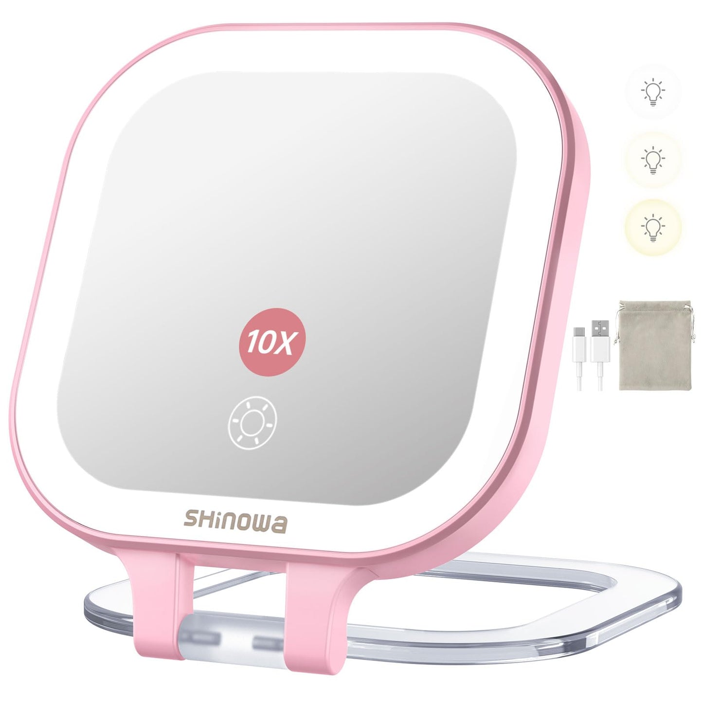 Shinowa Rechargeable Travel Makeup Mirror with 44 LED Lights, 1X/10X Magnifying Vanity Mirror with 3 Color Light, Folding Stand,