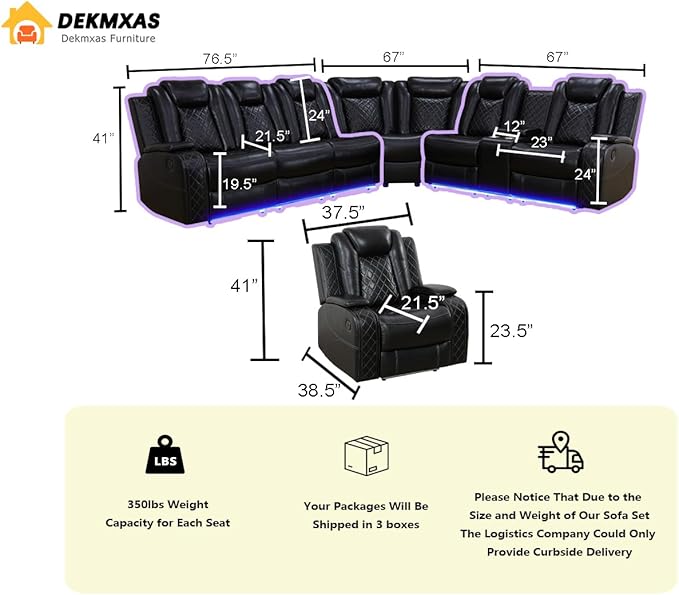 Dekmxas Power Reclining Sectional Sofa, Leather Power Recliner Sofa Set for Living Room, Black Breathing Leather Sectional Reclining Couches Set with LED Light/Cup Holder/USB Port for Home Theater