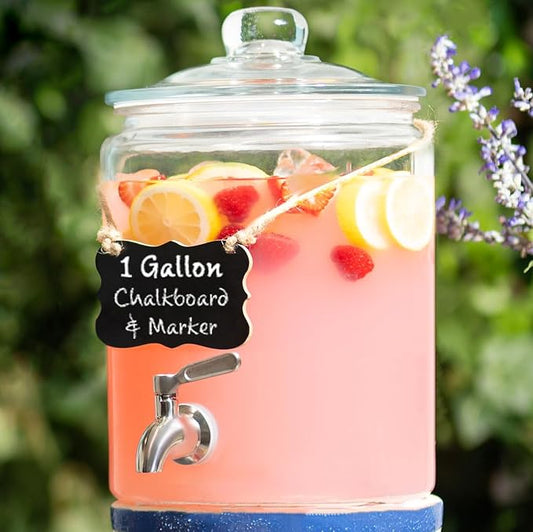 1 Gallon Beverage Dispenser with Stainless Steel Spigot + Marker & Chalkboard 100% Leakproof Glass Drink Dispenser for Par...