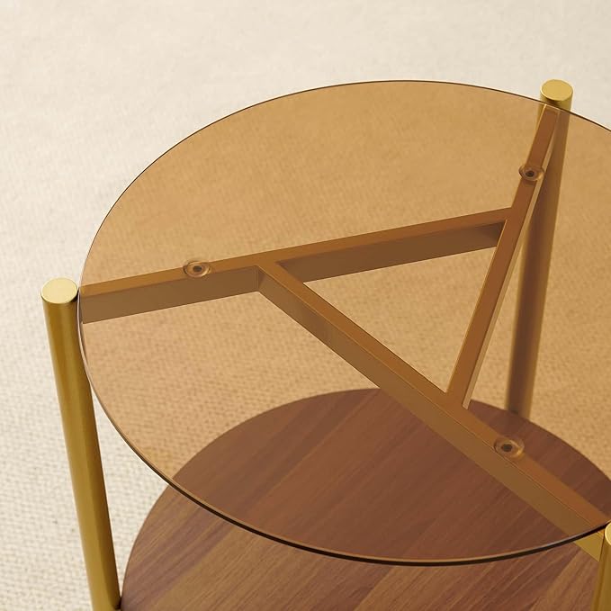 Pine Flicker Round End Table, Mid-Century Modern Design, D20*H23 inch, for Living Room, 2-Tier Structure, Amber Glass Top and Walnut MDF Shelf, Sleek Conical Metal Legs with Gold Finish