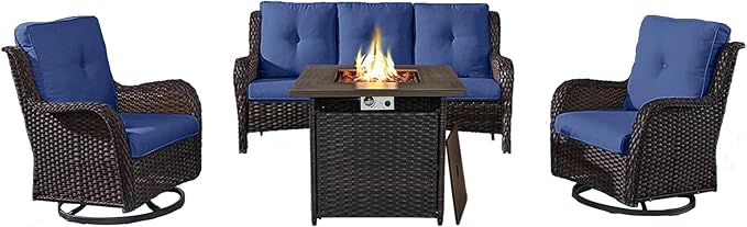 Belord Outdoor Patio Furniture Set with 50000BTU Propane Fire Pit Table, 4 Pieces Wicker Patio Conversation Set with 2 Swivel Rocker Glider Chairs Rattan Sofa Blue Cushion Perfect for Gathering