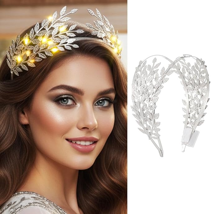 DRESBE Light Up Leaf Headband LED Greek Goddess Headbands Glow Roman Toga Hair Accessories for Women (Silver)