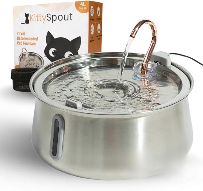 KittySpout Stainless Steel Cat Water Fountain Automatic Drinking Fountain, Quiet Circulating Water Bowl, Dishwasher Safe, ...