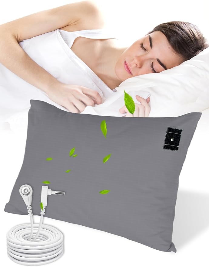 YOUBLAO Grounding Pillowcase, 90% Organic Cotton and 10% Silver Fiber Grounding Pillow Case with 15ft Grounding Cord, Gray Sleep Pillow 20x36 inch for Improve Sleep Improving Energy