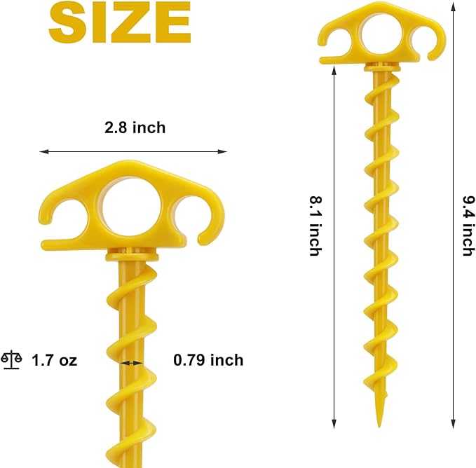 COBARYEN Tent Stakes Ground Anchors Screw in, 16 Pack Sand Stakes for Beach 9.4 Inch Heavy Duty Spiral Tent Pegs for Camping, Party, Hiking, Outdoor Decoration (16, Yellow)