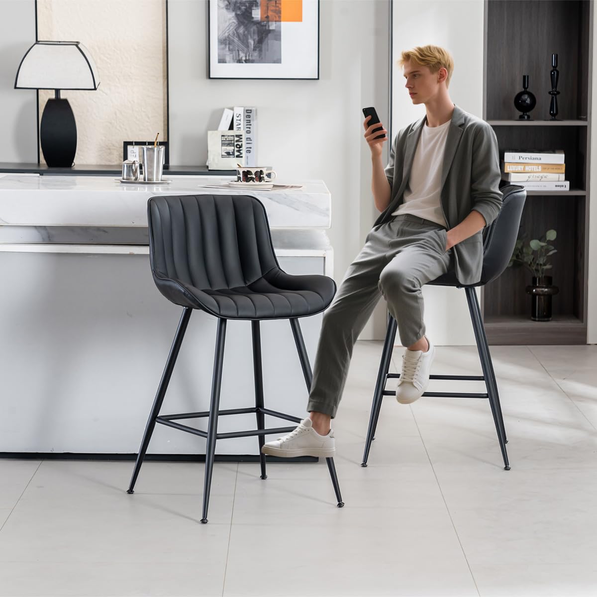 Ofrnseze Black Bar Stools Set of 2, Faux Leather Counter Height Barstools with Back and Footrest, Modern Bar Chairs for Kitchen Island Home Bar, Black