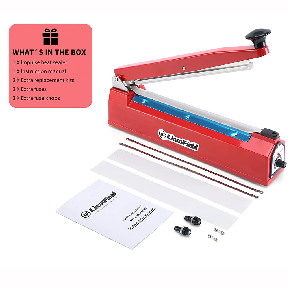 LinsnField Sealer Pro, Patented 8-inch Impulse Heat Sealer, 2-mm Sealing Width Super Heavy Duty Bag Sealing Machine with Extra 2 Replacements, 1Fuse Included, Red